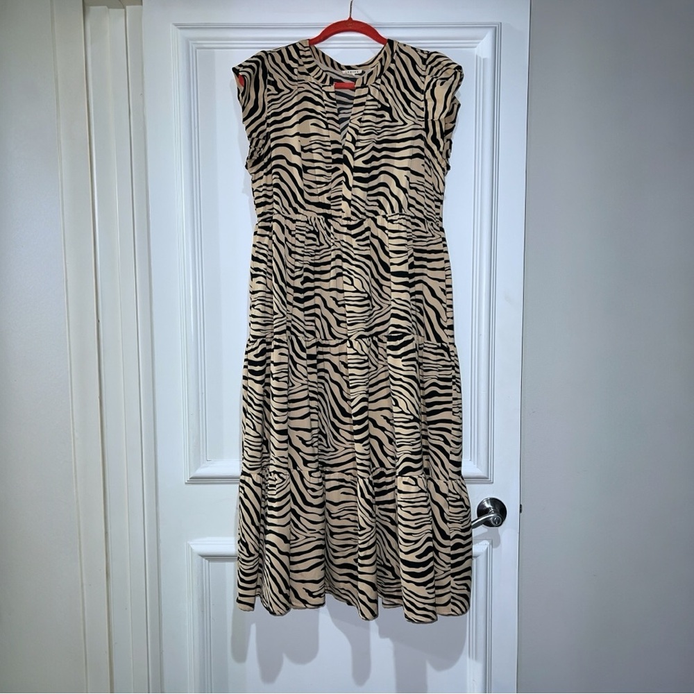 Entro Zebra Print Sleeveless Tiered Midi Dress | Neutral Animal Print | Medium